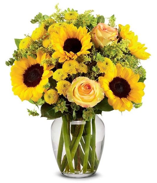 Ramo de girasoles y rosas brillantes